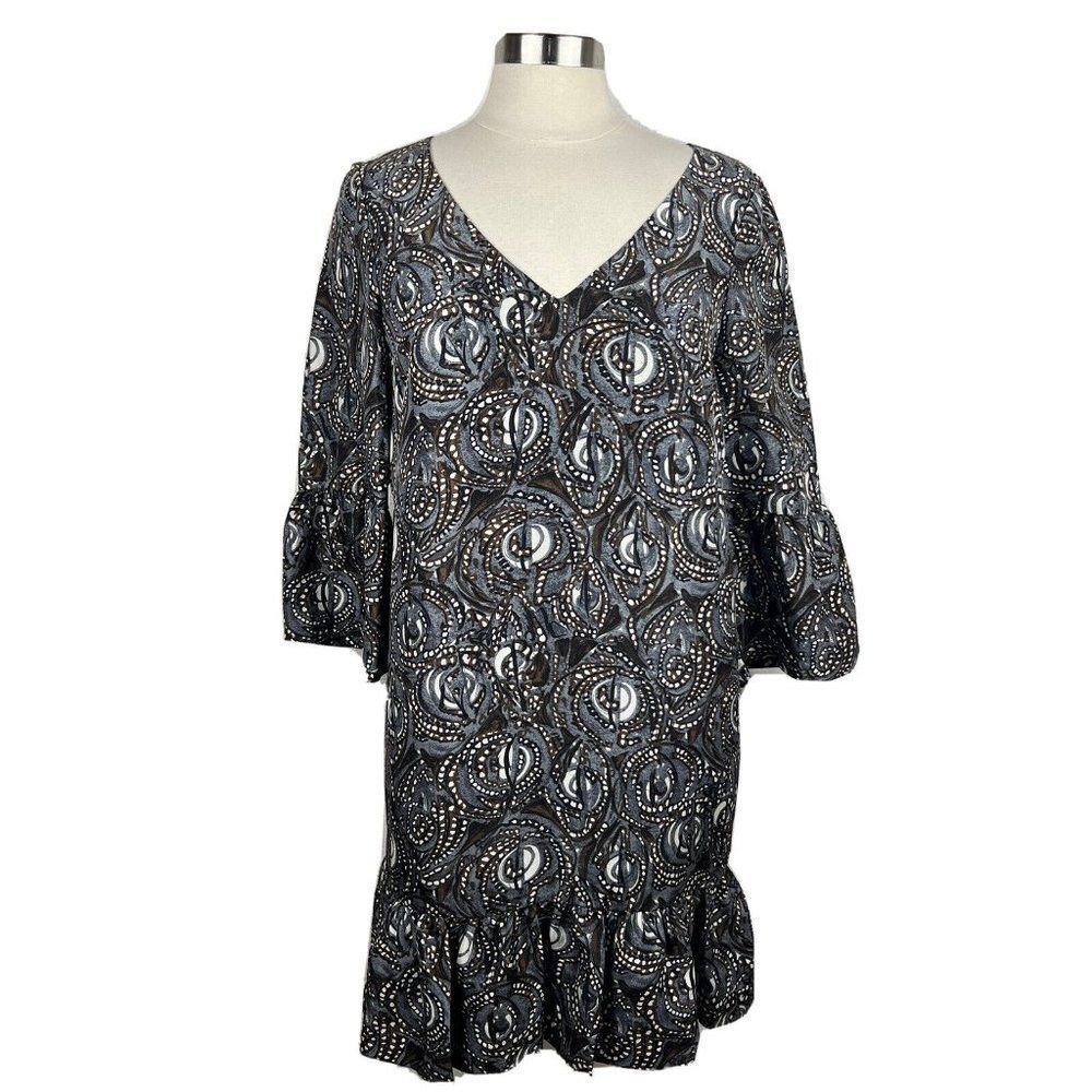 Tibi New York Dress 8 Womens Gray Print Silk 3/4 Sleeves Mini Lined Ruffle Hem